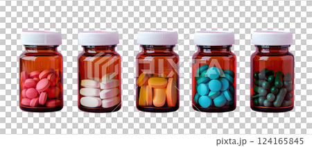 five bottles of dark glass with different color pills in every one, and white cup, cut-out, clipping path, transparent 124165845