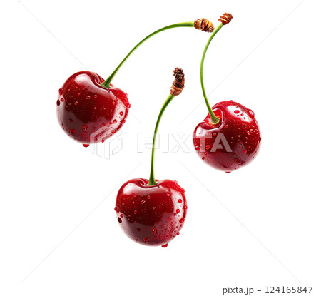 Flying fresh red cherries on white background. falling fresh cherries with stems and leaves, cherries boarder. Cherry juice product ad. cut-out, clipping path, transparent 124165847