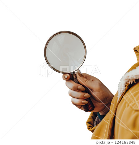 detective woman's Hand holding magnifying glass isolated on white background, cut-out, clipping path, transparent detective woman's Hand holding magnifying glass isolated on white background, cut-out, clipping path, transparent 124165849