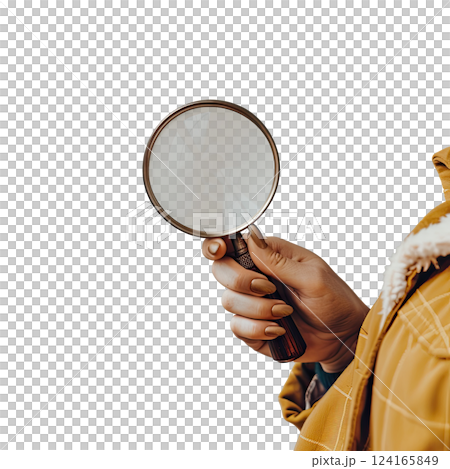 detective woman's Hand holding magnifying glass isolated on white background, cut-out, clipping path, transparent detective woman's Hand holding magnifying glass isolated on white background, cut-out, clipping path, transparent 124165849