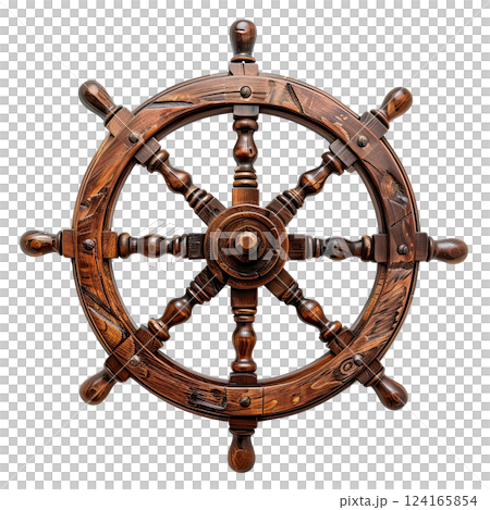 Isolated Vintage Wooden And Brass Ship's Steering Wheel on White Background, cut-out, clipping path, transparent 124165854