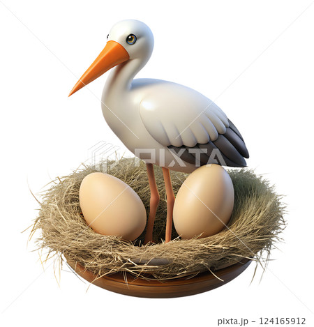 Stork bird standing in the nest with eggs 3d illustration isolated on the transparent backgroundStork bird standing in the nest with eggs 3d illustration isolated on the transparent background 124165912