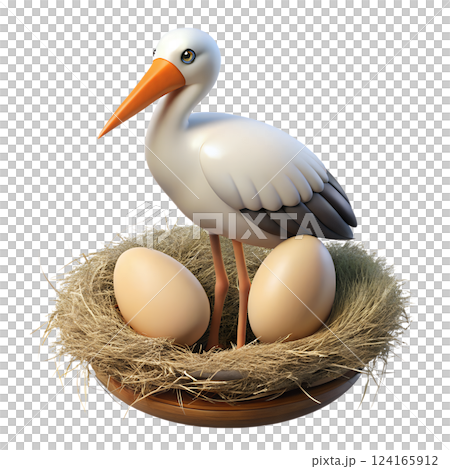 Stork bird standing in the nest with eggs 3d illustration isolated on the transparent backgroundStork bird standing in the nest with eggs 3d illustration isolated on the transparent background 124165912
