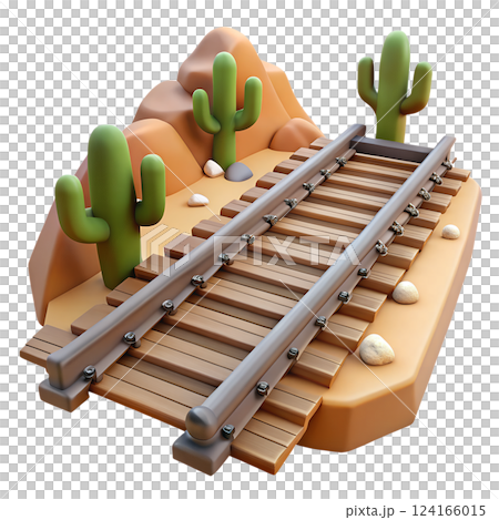 Railway road running through the wild west landscape with cacti 3d illustration isolated on the transparent background 124166015