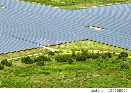 Aerial view of sustainable electrical power plant between agricultural farmlands with photovoltaic panels for producing clean electric energy. Concept of renewable electricity with zero emission Aerial view of sustainable electrical power plant between agricultural farmlands with photovoltaic panels for producing clean electric energy. Concept of renewable electricity with zero emission 124166033