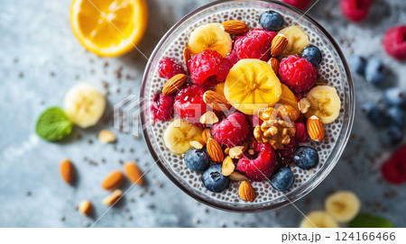 Chia Pudding with Berries, Nuts, and Banana Chia Pudding with Berries, Nuts, and Banana 124166466