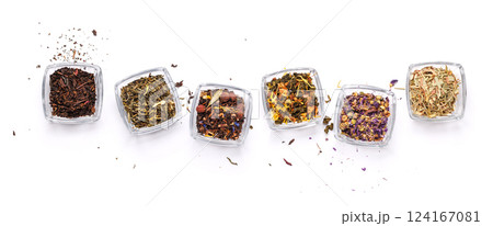 An assortment of various dry tea leaves, showcasing different textures, colors, and blends An assortment of various dry tea leaves, showcasing different textures, colors, and blends 124167081