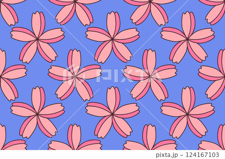 Floral pattern featuring delicate pink sakura flowers on soft blue background. 124167103