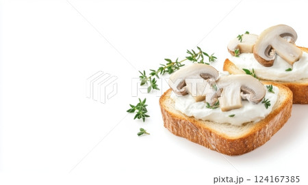 autumn toast with cream cheese, sauteed mushrooms, and thyme, single isolated element, minimalist composition, large uncluttered white background, ample negative space for text or design 124167385