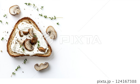 autumn toast with cream cheese, sauteed mushrooms, and thyme, single isolated element, minimalist composition, large uncluttered white background, ample negative space for text or design autumn toast with cream cheese, sauteed mushrooms, and thyme, single isolated element, minimalist composition, large uncluttered white background, ample negative space for text or design 124167388
