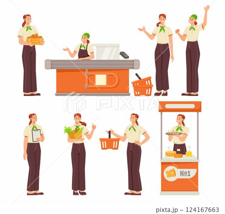 Woman Character Working in Supermarket Wear Uniform Vector Set 124167663