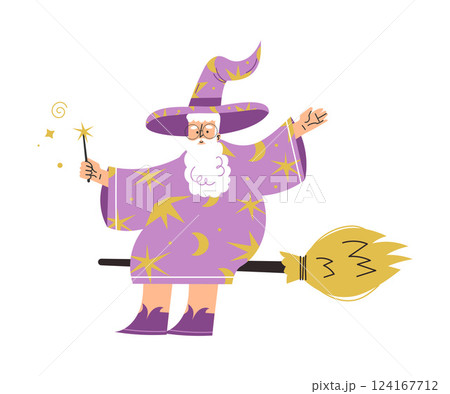 Wizard Man Character in Purple Gown and Hat with Magic Wand on Broom Vector Illustration Wizard Man Character in Purple Gown and Hat with Magic Wand on Broom Vector Illustration 124167712
