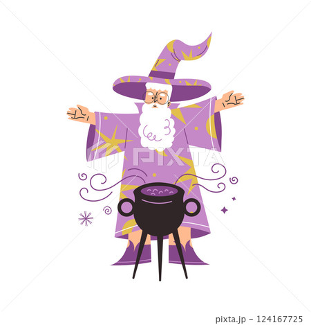 Wizard Man Character in Purple Gown and Hat Cook Potion in Cauldron Vector Illustration Wizard Man Character in Purple Gown and Hat Cook Potion in Cauldron Vector Illustration 124167725