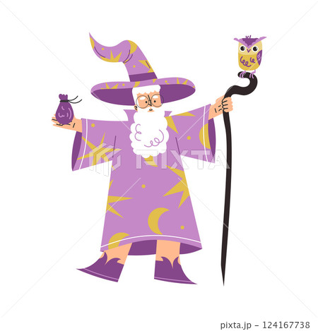Wizard Man Character in Purple Gown and Hat with Cane and Owl Vector Illustration Wizard Man Character in Purple Gown and Hat with Cane and Owl Vector Illustration 124167738