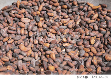 close up of roast cocoa beans in a bowl 124168280