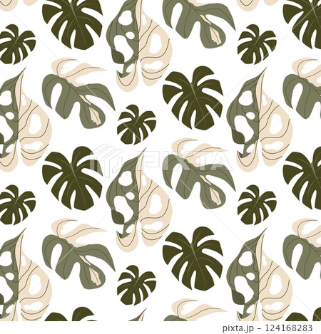 Seamless pattern with Monstera leaves. Tropical exotic background with lush green and beige foliage. Modern vector illustration in flat style for fashion prints, textile, wallpaper, interior design 124168283