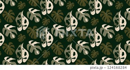 Seamless pattern with Monstera leaves. Tropical exotic dark background with green and beige foliage. Modern vector illustration in flat style for fashion prints, textile, wallpaper, interior design 124168284