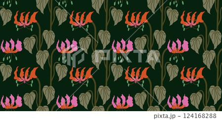 Seamless pattern with exotic Flame Lily on dark background. Tropical floral with elegant botanical flowers and leaves. Stylish vector illustration for fashion print, fabric, home decor, wrapping paper 124168288