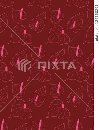 Seamless pattern Exotic Anthurium. Tropical floral sample with elegant botanical flowers with line art outline on dark red background. Vector illustration for fashion print, home decor, wrapping paper Seamless pattern Exotic Anthurium. Tropical floral sample with elegant botanical flowers with line art outline on dark red background. Vector illustration for fashion print, home decor, wrapping paper 124168291