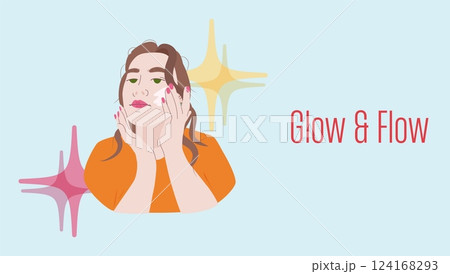 Skincare woman applying face cream. Young female with glowing skin doing beauty routine. Wellness and self-care concept for web banners, postcard. Modern flat vector illustration in minimalistic style Skincare woman applying face cream. Young female with glowing skin doing beauty routine. Wellness and self-care concept for web banners, postcard. Modern flat vector illustration in minimalistic style 124168293