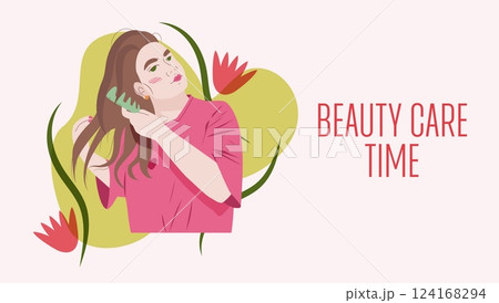 Haircare woman brushing long hair. Young female doing beauty routine and self-care. Healthy lifestyle concept for web banners, postcards. Minimalistic vector illustration in flat modern style Haircare woman brushing long hair. Young female doing beauty routine and self-care. Healthy lifestyle concept for web banners, postcards. Minimalistic vector illustration in flat modern style 124168294