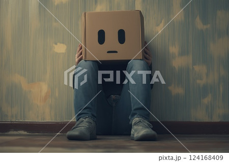 A person sitting on the floor with a cardboard box on their head, featuring a simple neutral face, in a dimly lit room 124168409