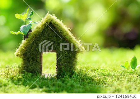A small house covered in green moss with a sprouting plant growing on the roof, representing eco-living 124168410