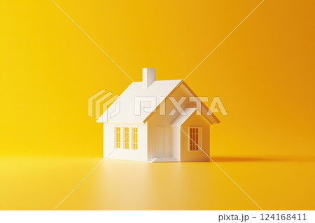 A minimalistic white house model stands against a vibrant yellow background, representing modern real estate 124168411