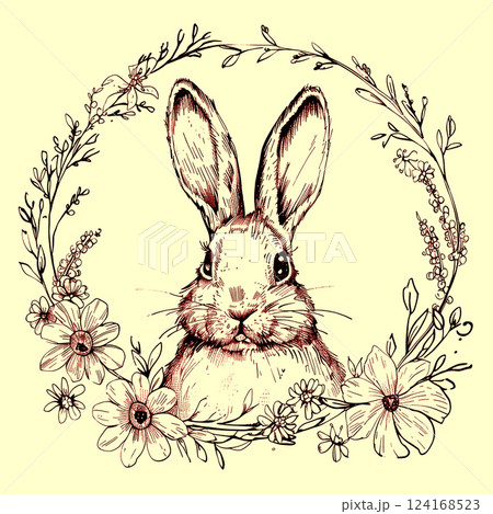 Easter doodle hand drawn coquette poster banner greeting card. Cute bunnies, bows and ribbons, flowers and leaves, basket, eggs. Cottagecore style. Vintage whimsical. Ai generated Easter doodle hand drawn coquette poster banner greeting card. Cute bunnies, bows and ribbons, flowers and leaves, basket, eggs. Cottagecore style. Vintage whimsical. Ai generated 124168523