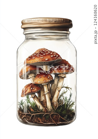 Mushrooms amanita muscaria in a glass jar isolated on white background. Watercolor illustration Mushrooms amanita muscaria in a glass jar isolated on white background. Watercolor illustration 124168620