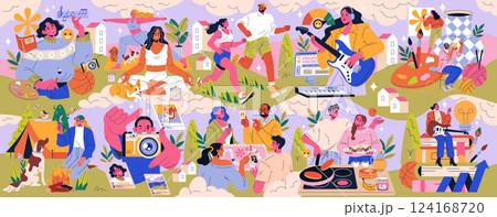Dopamine Hobbies illustration. Explores the joy of engaging in various hobbies that boost happiness and creativity. Activities include music, art, cooking, and outdoor fun. Vector illustration. 124168720