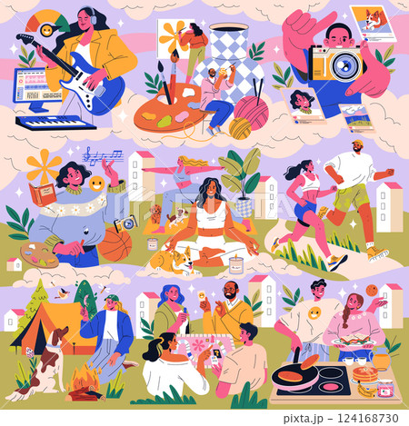 Exploration of hobbies that boost dopamine levels. Individuals engaged in various activities like music, art, fitness, and social gatherings. Symbolizes joy, creativity, and well-being. Vector 124168730