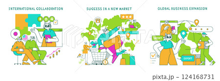 Business Cat illustration. Depicts themes of collaboration and global expansion in markets. Explores successful strategies in international business environments. Vector illustration. 124168731