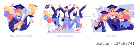 Graduation celebration illustration capturing key moments. It features students expressing joy with awards, partying together, and taking a class photo, marking a significant achievement. Vector Graduation celebration illustration capturing key moments. It features students expressing joy with awards, partying together, and taking a class photo, marking a significant achievement. Vector 124168741