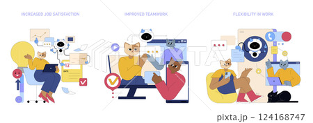 AI assistant transformation in the workplace enhances job satisfaction, teamwork, and flexibility. This illustration highlights these benefits through engaging characters and visual elements. Vector AI assistant transformation in the workplace enhances job satisfaction, teamwork, and flexibility. This illustration highlights these benefits through engaging characters and visual elements. Vector 124168747