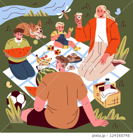 Family Day concept. Joyful family enjoying a picnic in nature with snacks and a playful dog. Bonding moments, outdoor leisure, and shared happiness. Vector illustration. Family Day concept. Joyful family enjoying a picnic in nature with snacks and a playful dog. Bonding moments, outdoor leisure, and shared happiness. Vector illustration. 124168748