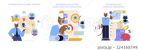 AI enhances global business strategies through system integration, quality improvement, and financial process optimization. This illustration presents AI tools boosting efficiency and compliance 124168749