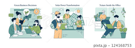 Sustainable business practices are represented through three scenes: collaborative decision-making, solar energy adoption, and integrating nature in workplaces. This illustration conveys the shift 124168753