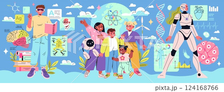 Beta Generation is depicted through diverse characters engaged in scientific exploration and technology. This illustration showcases children's curiosity, learning, and future possibilities in STEM Beta Generation is depicted through diverse characters engaged in scientific exploration and technology. This illustration showcases children's curiosity, learning, and future possibilities in STEM 124168766