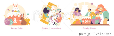 Easter illustration set. Celebrating Easter through joyful traditions. Highlights festive activities like baking, decorating, and family gatherings. Embraces the spirit of togetherness and celebration 124168767