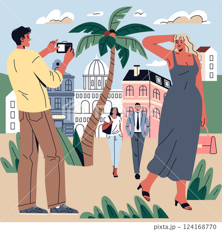 Vacation concept. Vacationers enjoy a sunny day in a picturesque town square, capturing memories and exploring local sights. Vacation concept. Vacationers enjoy a sunny day in a picturesque town square, capturing memories and exploring local sights. 124168770