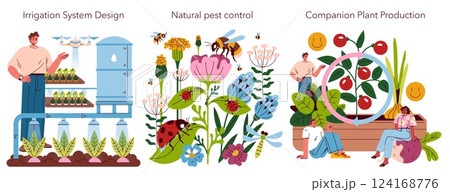 Self-sufficient garden illustration. Demonstrates concepts such as irrigation system design, natural pest control, and companion plant production. Highlights sustainable practices and environmental 124168776
