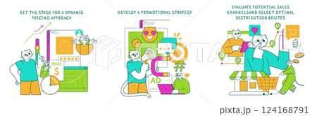 Product marketing strategy with an emphasis on pricing, promotion, and distribution. This illustration includes key concepts like dynamic pricing, promotional tactics, and sales channel evaluation 124168791