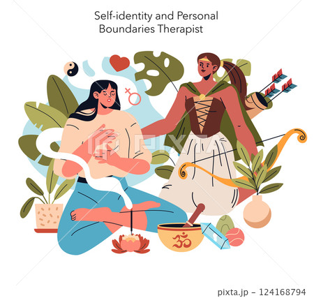 This illustration represents a self-identity and personal boundaries therapist guiding an individual through self-discovery. It captures the essence of emotional healing and personal empowerment in a This illustration represents a self-identity and personal boundaries therapist guiding an individual through self-discovery. It captures the essence of emotional healing and personal empowerment in a 124168794