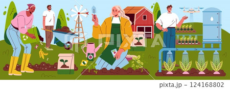 Self-Sufficient Garden illustration. This artwork displays individuals engaged in sustainable gardening practices, utilizing composting, innovative tools, and planting techniques to promote self 124168802
