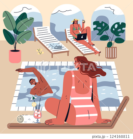 Relaxing summer day at a hotel pool with people enjoying sunbathing, swimming, and working remotely. Vibrant holiday scene captured in modern vector art. 124168811