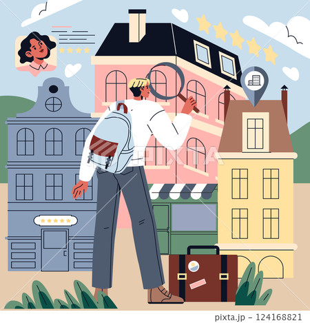 Traveler explores boutique hotels in a charming village, using smartphone for reviews and directions. Traveler explores boutique hotels in a charming village, using smartphone for reviews and directions. 124168821