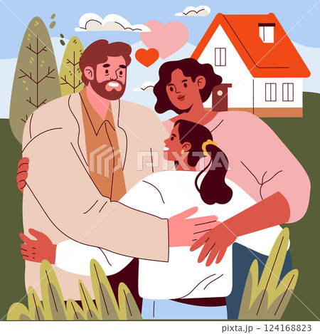Family Day concept. A happy family sharing a loving embrace outside their home, showcasing affection and unity in a peaceful setting. Vector illustration. 124168823