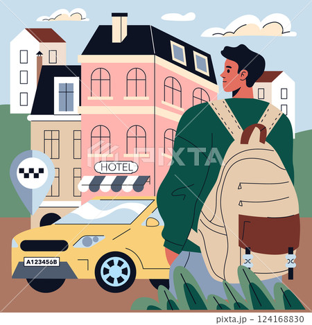 Traveler arriving at a hotel illustration. A man with a backpack looks at a quaint city hotel upon his arrival, depicting a serene travel moment. 124168830
