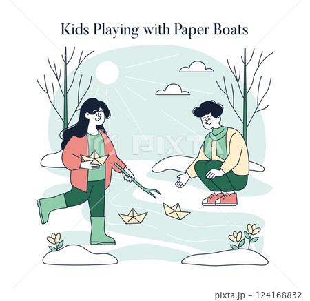 Children enjoy playing with paper boats in early spring, as sunlight shines through trees. This delightful scene captures the essence of childhood joy and the beauty of nature awakening after winter. 124168832